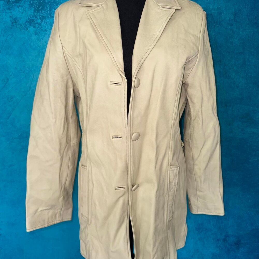 Vintage Cream Leather Blazer Jacket Real Leather Minimal 90s